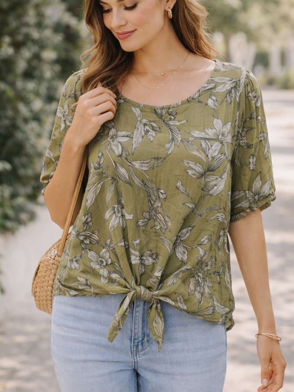 NYCC Tie Front Blouse Green Black Floral NWTSize Large